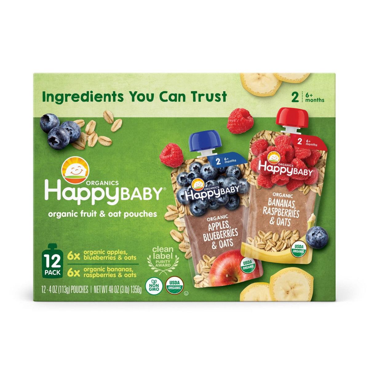미국직구 HappyBABY Organics Clearly 113g 12팩 / HappyBABY Organics Clearly Crafted Fruit & Oat Pouches, V 1