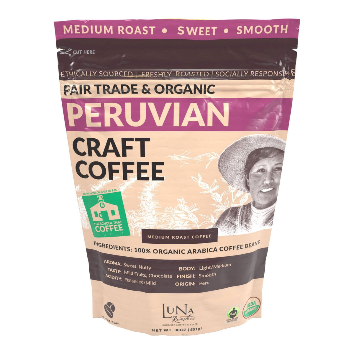 미국직구 Luna Roasters Medium 커피 850g / Luna Roasters Medium Roast Organic Peruvian Whole Bean Coffee, 8 1