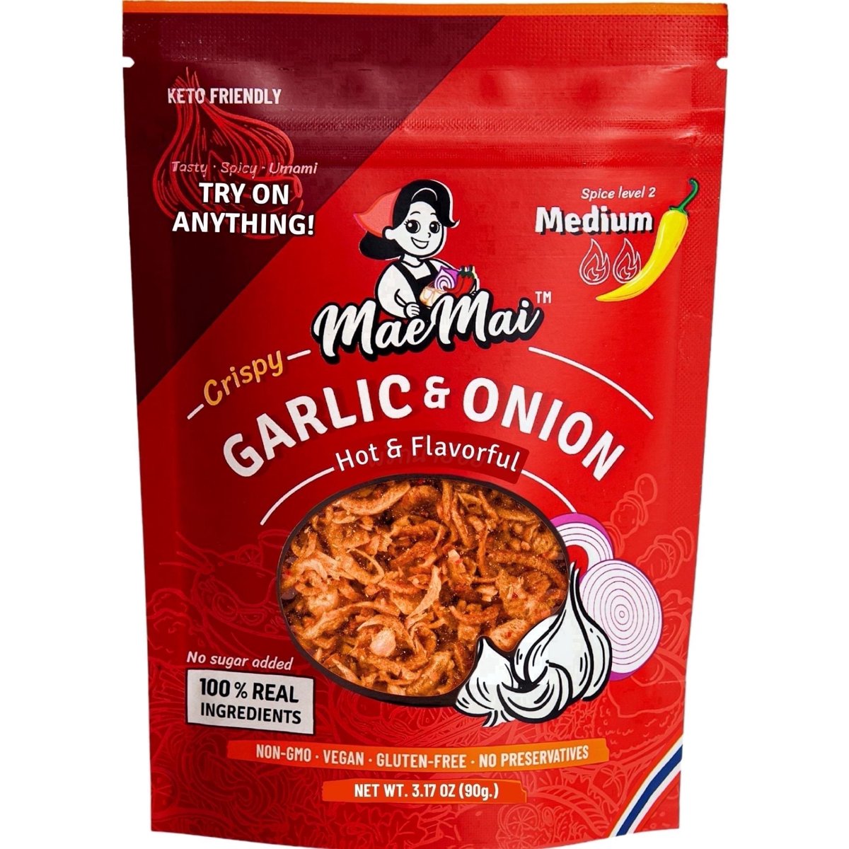 미국직구 MaeMai Medium Hot 90g / MaeMai Medium Hot Crispy Onion & Garlic Thai Chili Crisp, 90g (90g) 1