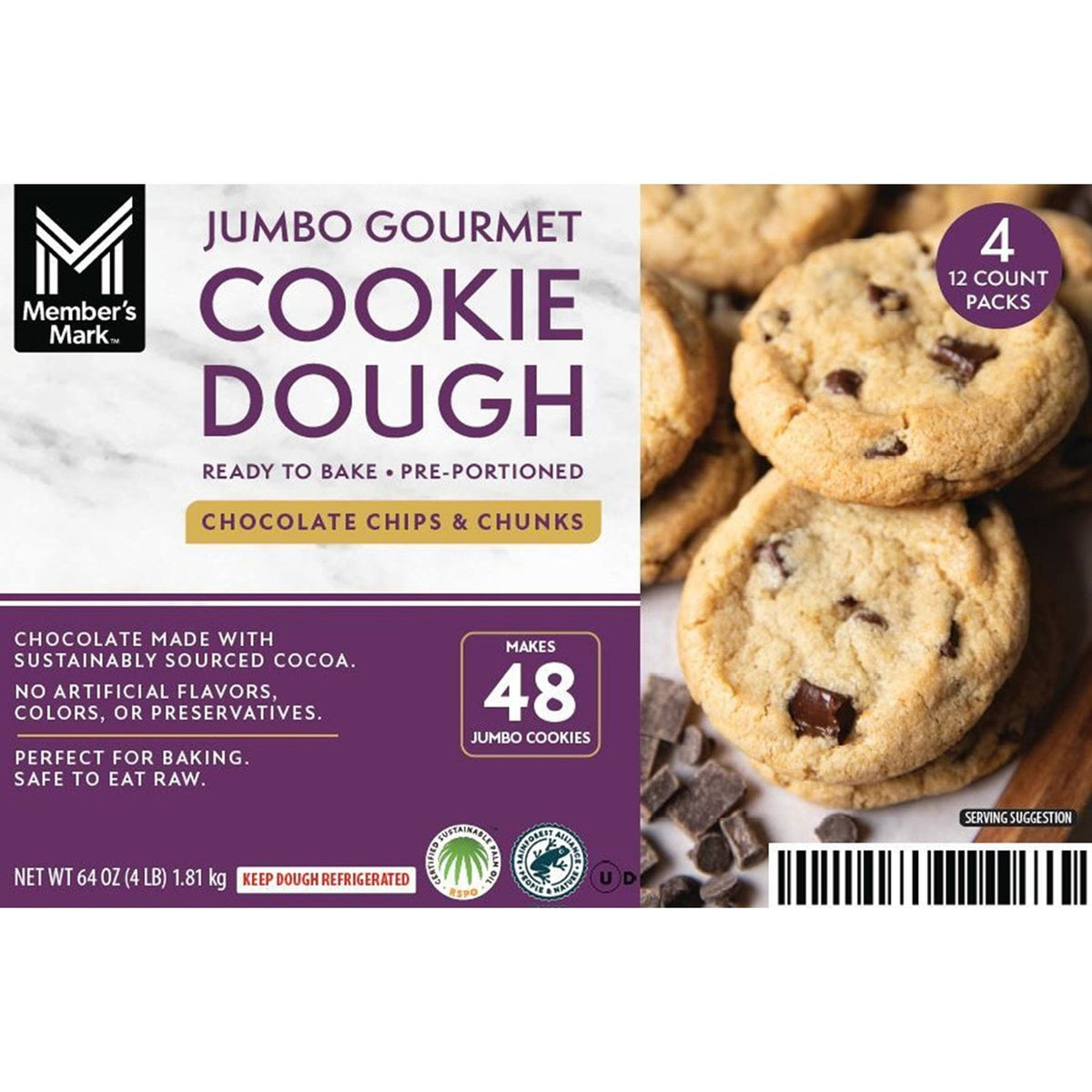미국직구 멤버스마크 초콜릿 454g / Members Mark Jumbo Gourmet Chocolate Chip and Chunk Cookie Dough, 454g 1