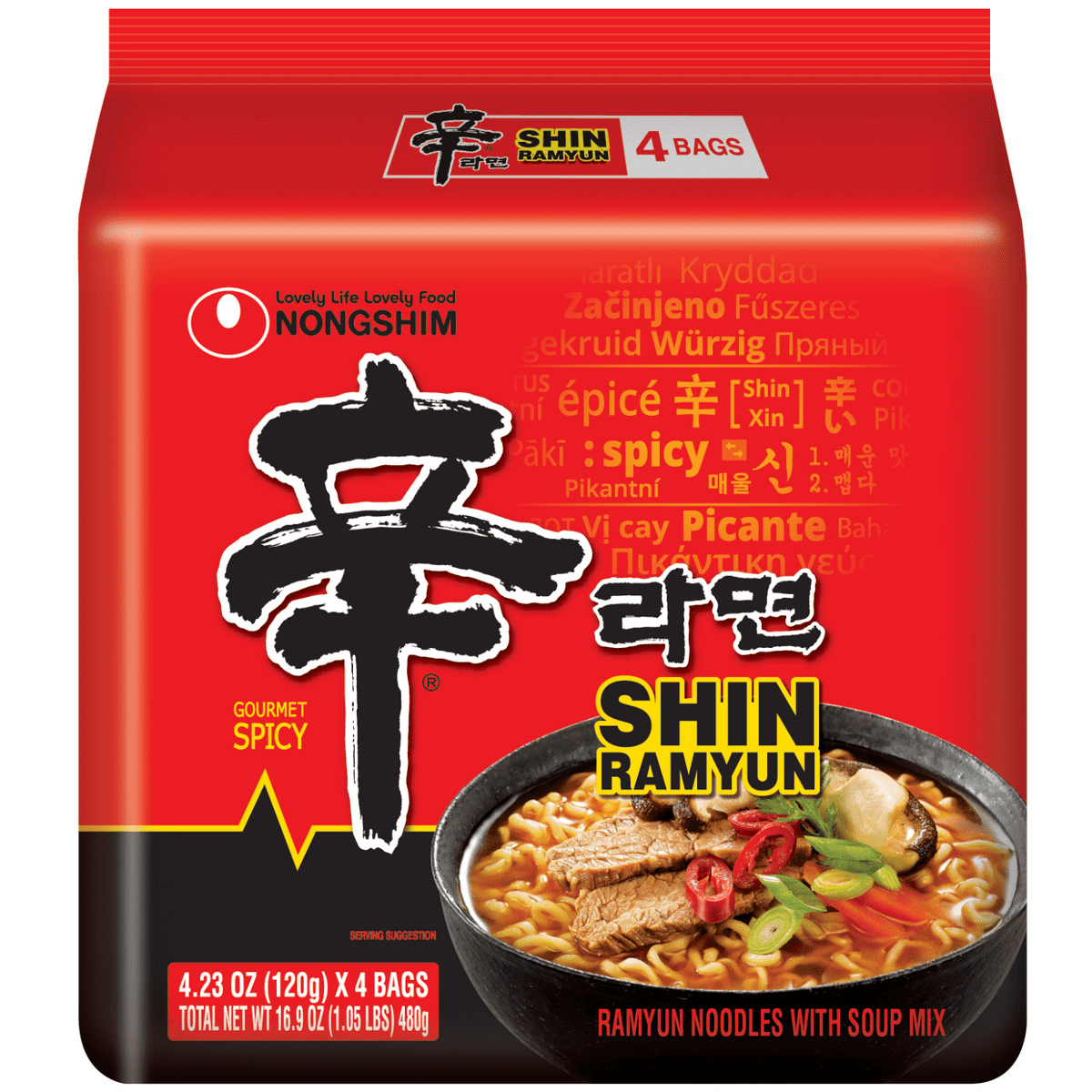 미국직구 Nongshim Shin Ramyun 114g / Nongshim Shin Ramyun Spicy Beef Ramen Noodle Soup Pack, 114g X 4 Co 1