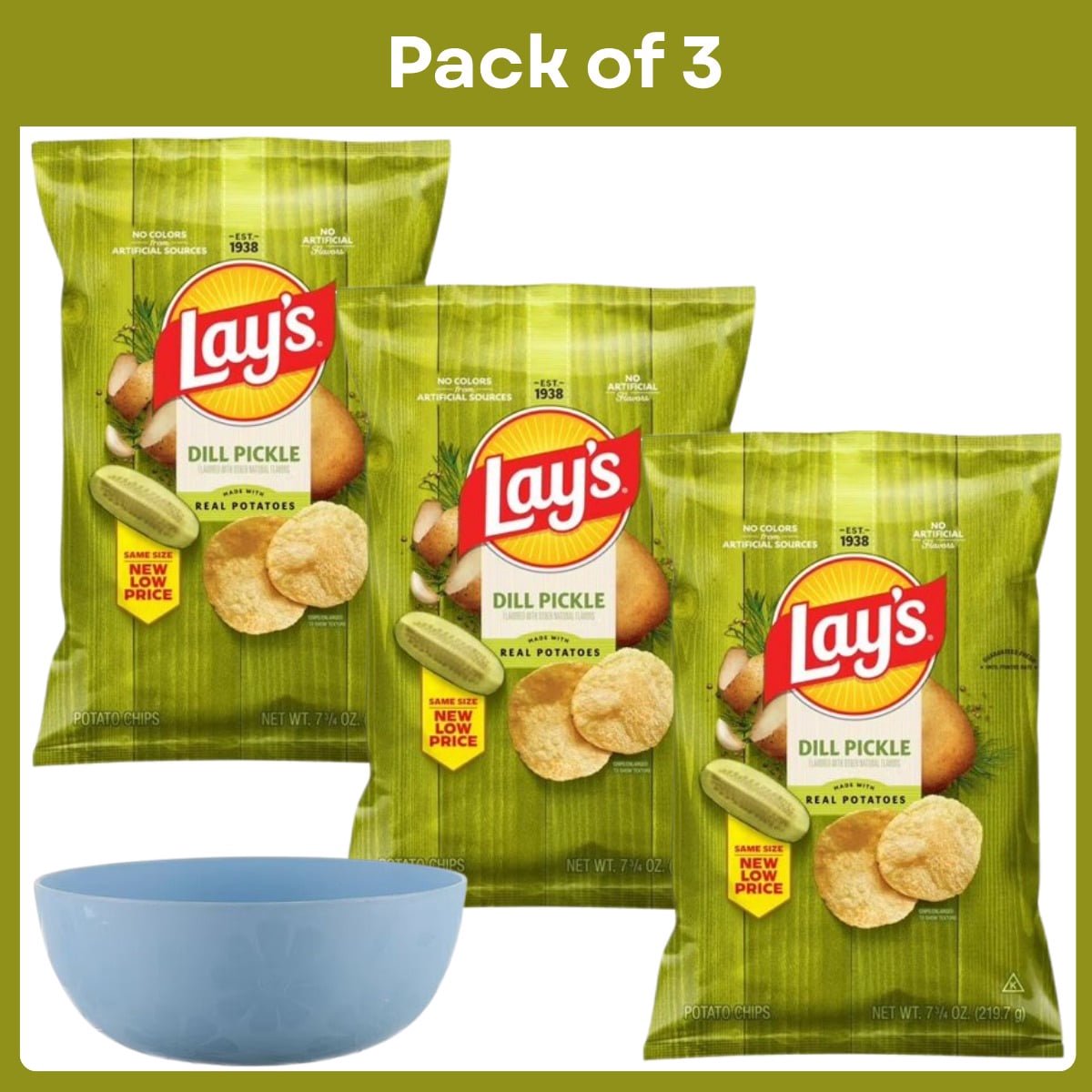 미국직구 Pack of 220g 3팩 / Pack of 3 Lay's Dill Pickle Potato Snack Chips, 220g Bag- With Bowl 1