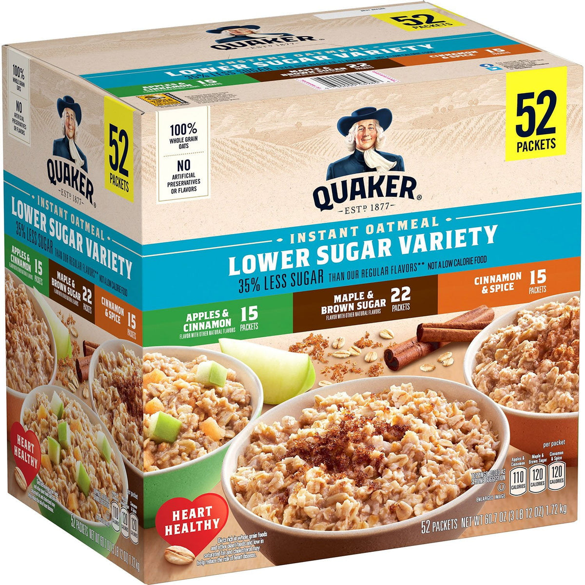 미국직구 Quaker Lower Sugar 33g / Quaker Lower Sugar Instant Oatmeal, Variety Pack, 33g, 52 pk. 1